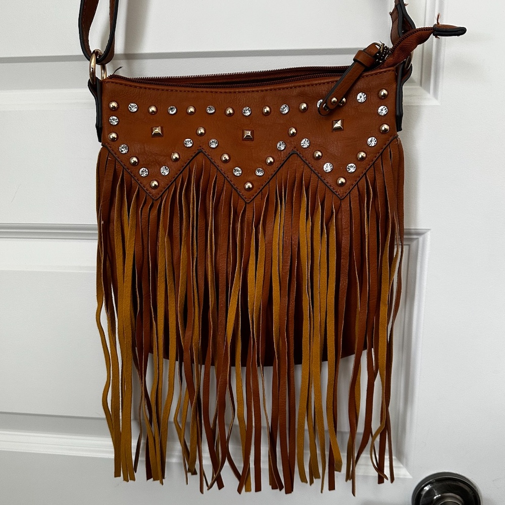LaTique Crossbody Bag with Fringe and Rhinestones 9x9"